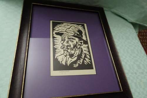 Gregoire Boonzaier 1909 - 2005 Linocut  Old man with hat  - Signed in Pencil