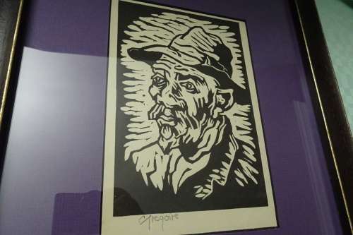Gregoire Boonzaier 1909 - 2005 Linocut  Old man with hat  - Signed in Pencil