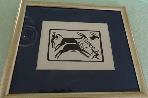 Very Rare Gregoire Boonzaier 1909 - 2005 Linocut  Bushmen and Wildlife  - Signed in Pencil