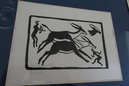 Very Rare Gregoire Boonzaier 1909 - 2005 Linocut  Bushmen and Wildlife  - Signed in Pencil