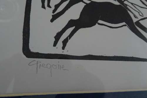 Very Rare Gregoire Boonzaier 1909 - 2005 Linocut  Bushmen and Wildlife  - Signed in Pencil