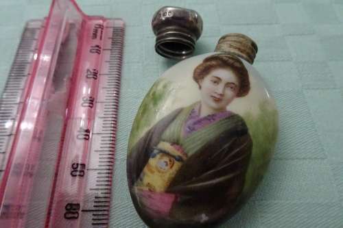 Antique Birmingham 1904-1905 Hallmarked Silver and Porcelain Perfume Bottle in good condition