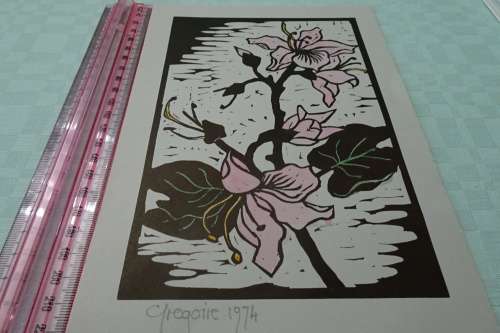 Very Interesting Gregoire Boonzaier 1909-2005  Linocut Hibiscus in Colour1974 Please see discription