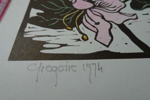 Very Interesting Gregoire Boonzaier 1909-2005  Linocut Hibiscus in Colour1974 Please see discription