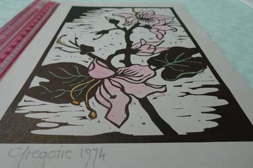 Very Interesting Gregoire Boonzaier 1909-2005  Linocut Hibiscus in Colour1974 Please see discription