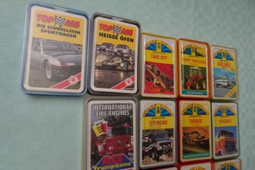 Big Collection of 13 Super Trumps Quartette and Top Ass Gaming Cards made in West Germany