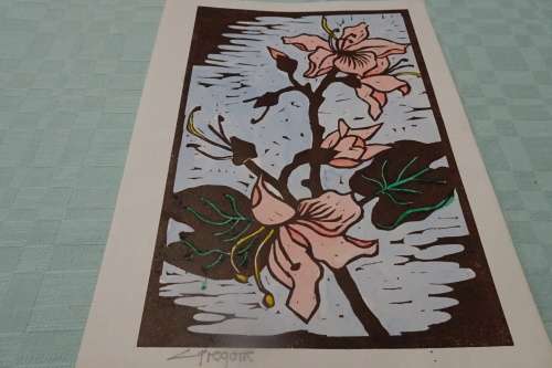 Very Interesting Gregoire Boonzaier 1909-2005  Linocut Hibiscus signed in Pencil not framed