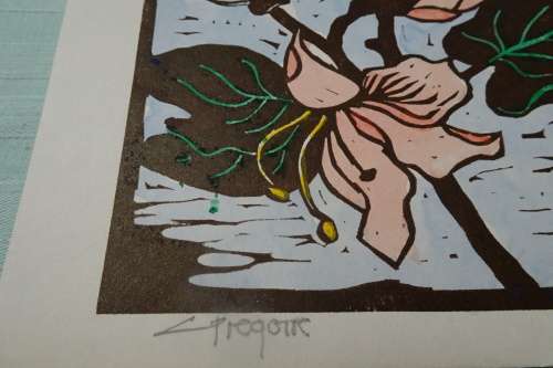 Very Interesting Gregoire Boonzaier 1909-2005  Linocut Hibiscus signed in Pencil not framed