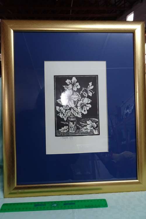 Gregoire Boonzaier 1909 - 2005  Linocut Hibiscus Still Life-Signed in Pencil 1979 in beautiful frame
