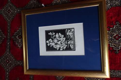 Gregoire Boonzaier 1909 - 2005  Linocut Hibiscus Still Life-Signed in Pencil 1979 in beautiful frame