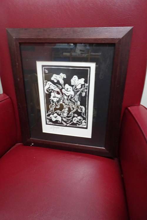 Gregoire Boonzaier 1909 - 2005 Linocut - Arum Lilies in Vase  - Signed in Pencil 1974