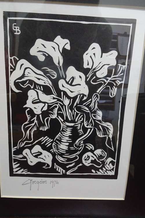 Gregoire Boonzaier 1909 - 2005 Linocut - Arum Lilies in Vase  - Signed in Pencil 1974
