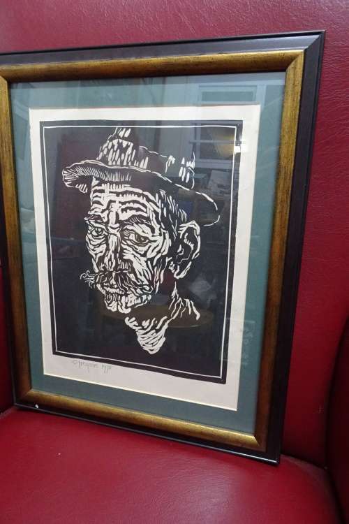 Gregoire Boonzaier 1909 - 2005  Linocut Old Man with Hat- Signed in Pencil 1978