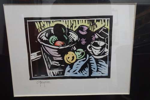 Gregoire Boonzaier 1909 - 2005 Coloured Linocut Fruit in Bowl Signed in Pencil