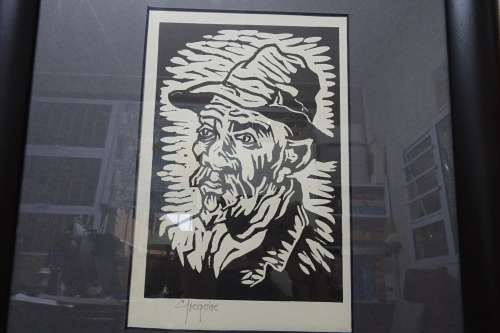 Gregoire Boonzaier 1909 - 2005  Old Man With Hat Linocut - Signed in Pencil