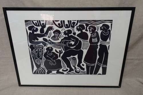 South Africain Artist Boycie Ezekiel Madiba (1948) Township Scene Limited Edition 14/50 Woodcut