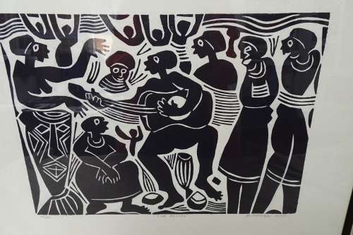 South Africain Artist Boycie Ezekiel Madiba (1948) Township Scene Limited Edition 14/50 Woodcut