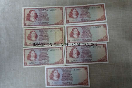 7 x Republic Of South Africa One Rand Note: TW De Jongh( BIDDING PER LOT )