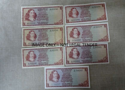 7 x Republic Of South Africa One Rand Note: TW De Jongh( BIDDING PER LOT )