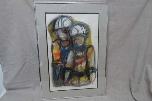 Stunning Mixed Media by S.A.Artist Godfrey Ndaba 1981 - Miners - Frame Size 50 x 70 cm