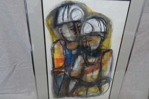 Stunning Mixed Media by S.A.Artist Godfrey Ndaba 1981 - Miners - Frame Size 50 x 70 cm