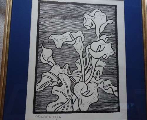 Very Rare Gregoire Boonzaier 1909 - 2005  Arum Lillys Linocut - Signed in Pencil 1974