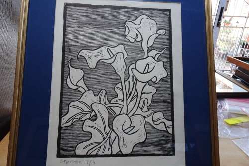 Very Rare Gregoire Boonzaier 1909 - 2005  Arum Lillys Linocut - Signed in Pencil 1974