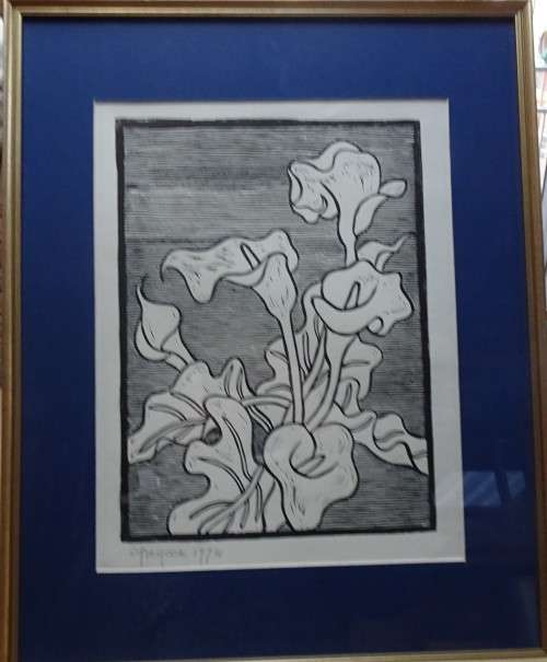 Very Rare Gregoire Boonzaier 1909 - 2005  Arum Lillys Linocut - Signed in Pencil 1974