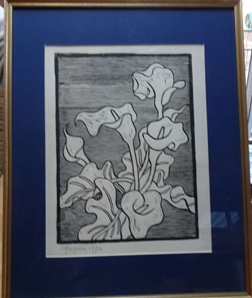 Very Rare Gregoire Boonzaier 1909 - 2005  Arum Lillys Linocut - Signed in Pencil 1974