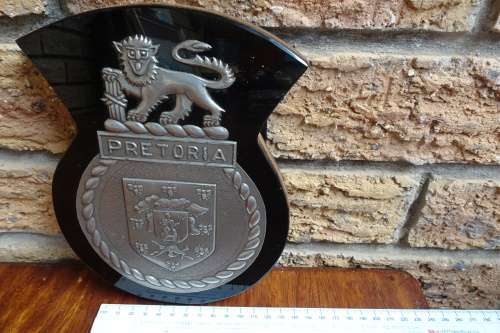 Stunning South Africain Navy Ships Plaque - Pretoria - Pewter and Glass mounted on Wood