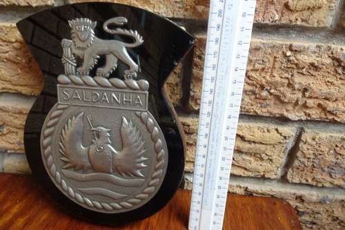 Stunning South Africain Navy Ships Plaque - Saldanha - Pewter and Glass mounted on Wood