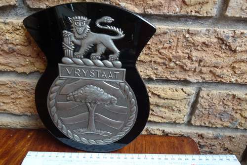 Stunning South Africain Navy Ships Plaque - Vrystaat - Pewter and Glass mounted on Wood