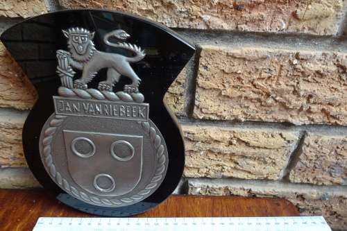 Stunning South Africain Navy Ships Plaque -Jan van Riebeek - Pewter and Glass mounted on Wood