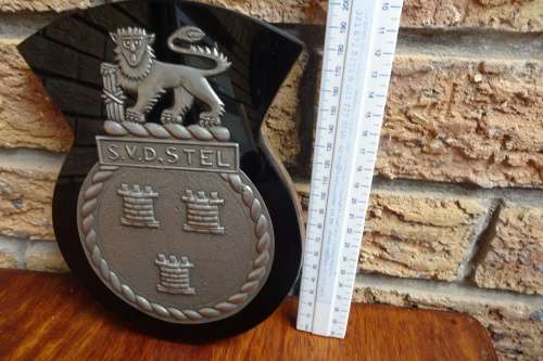 Stunning South Africain Navy Ships Plaque - S.V.D Stel- Pewter and Glass mounted on Wood