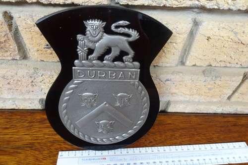 Stunning South Africain Navy Ships Plaque - Durban - Pewter and Glass mounted on Wood