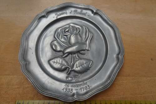 Beautiful Pewter Plate with Rose - 16 December 1933- 1983 ( De Marco Dinant) 22 x 22 cm