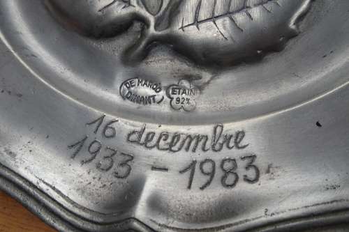 Beautiful Pewter Plate with Rose - 16 December 1933- 1983 ( De Marco Dinant) 22 x 22 cm