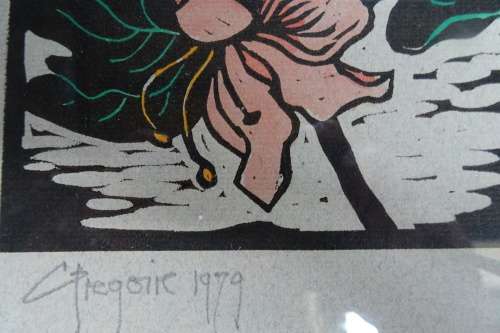 Gregoire Boonzaier 1909 - 2005  - Hibiscus Colour Linocut 1979