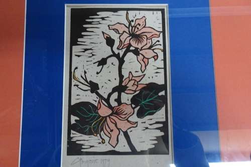 Gregoire Boonzaier 1909 - 2005  - Hibiscus Colour Linocut 1979