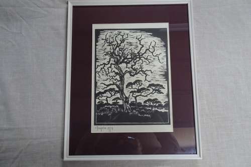 Gregoire Boonzaier 1909 - 2005  - 'Tree with Highveld' - Linocut-Signed in Pencil 1978