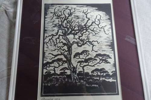 Gregoire Boonzaier 1909 - 2005  - 'Tree with Highveld' - Linocut-Signed in Pencil 1978