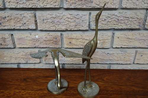 Beautiful Vintage Set of Two Brass Cranes, One Standing Straight and One Bending Over