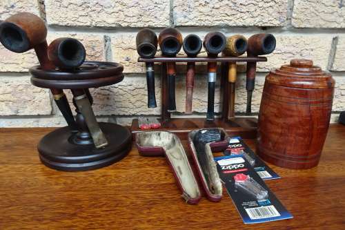 Interesting Collection of Pipes, Pipe Stands, Tobacco Holder and Smoking Accessories