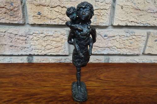 Bronze Statue of Woman Carrying Child on Back