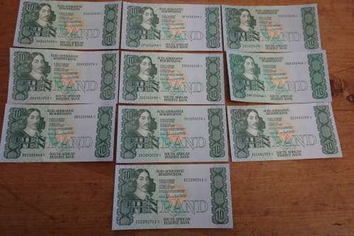 10 x Republic of South Africa Tien Rand Notes : Gerhard De Kock (BIDDING PER NOTE)