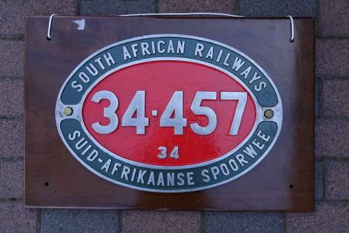 South African Railways Locomotive Number 34.457 Plate Mounted on Wood