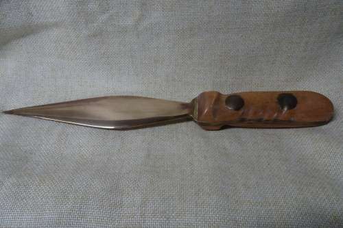 Unusual Vintage Large Heavy Dagger with Solid Brass Blade and Wooden Handle with Brass Rivets