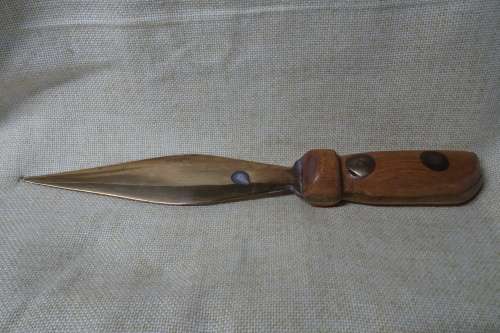 Unusual Vintage Large Heavy Dagger with Solid Brass Blade and Wooden Handle with Brass Rivets