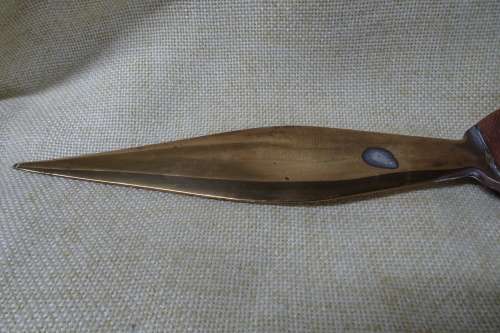 Unusual Vintage Large Heavy Dagger with Solid Brass Blade and Wooden Handle with Brass Rivets