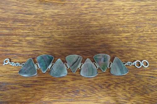 Unusual Artisan Sterling Silver Linked Bracelet with Triangular Onyx/Mother of Pearl Inlay Shapes